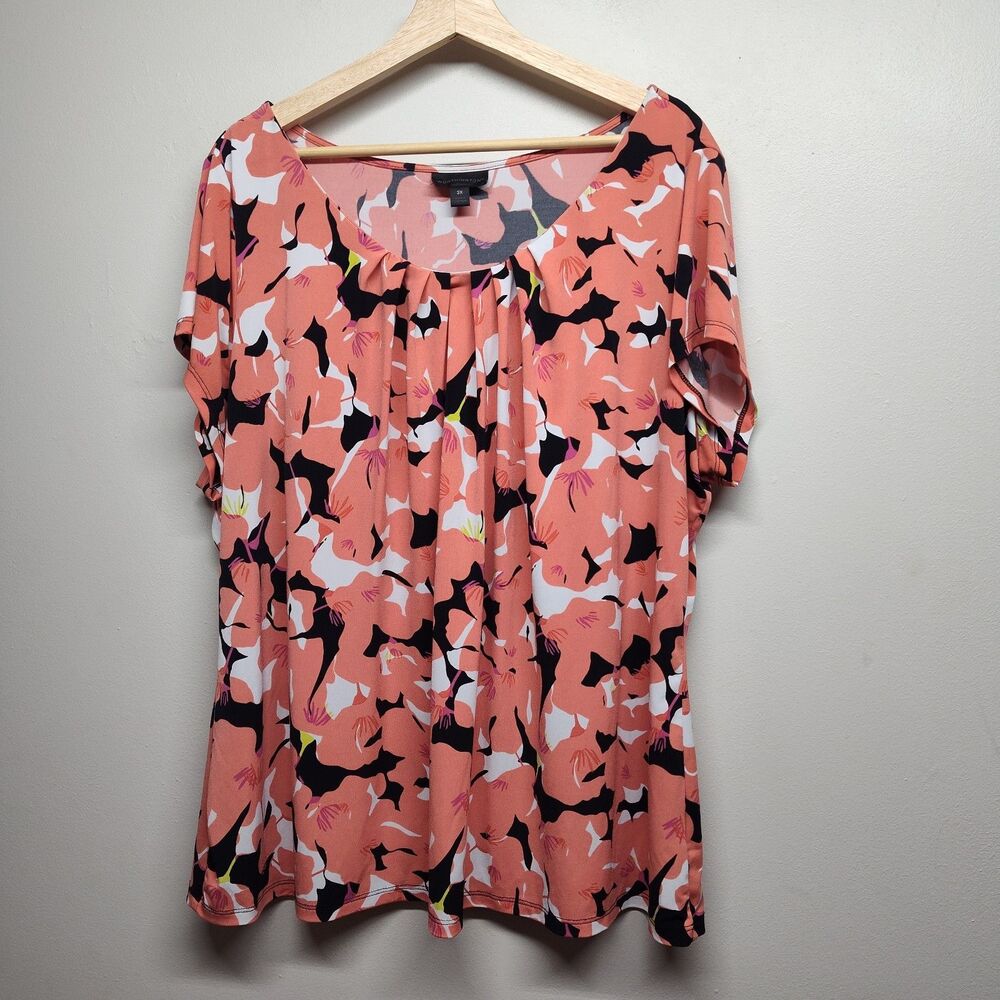 Worthington Blouse Top Women Size 3X Pink Floral Short Sleeve Modest Feminine